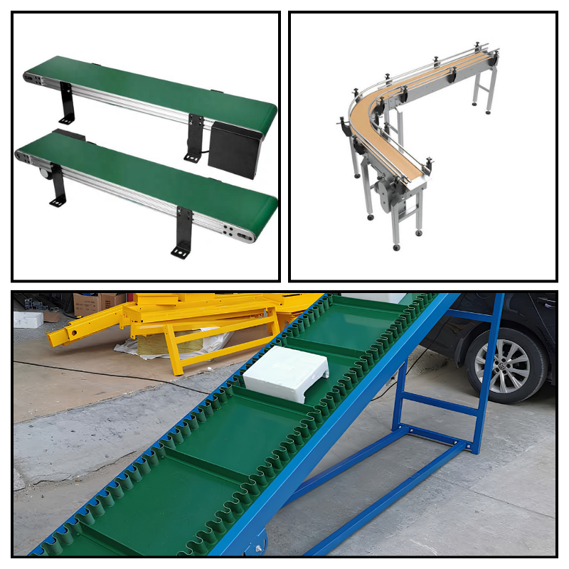 Băng tải vận chuyển chai và hộp giữa các công đoạn sản xuất.
